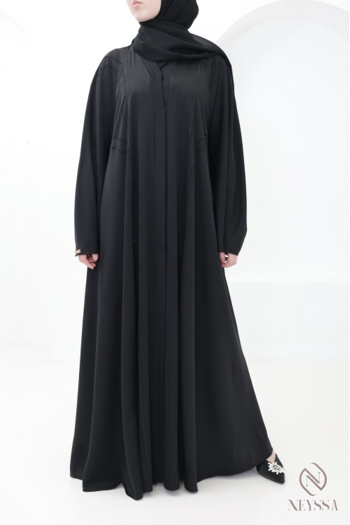 Black flared Dubai abaya with rhinestones and topstitching