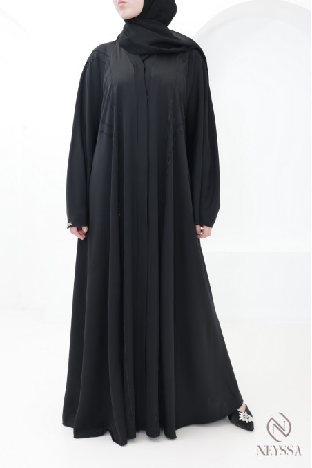 Abaya Dubaï évasée noir avec strass et surpiqures, robe hijabi chic
