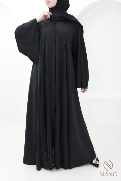 Schwarze, ausgestellte Abaya Dubai mit Strasssteinen und Ziernähten