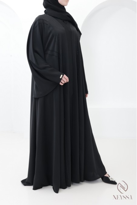Black flared Dubai abaya with rhinestones and topstitching