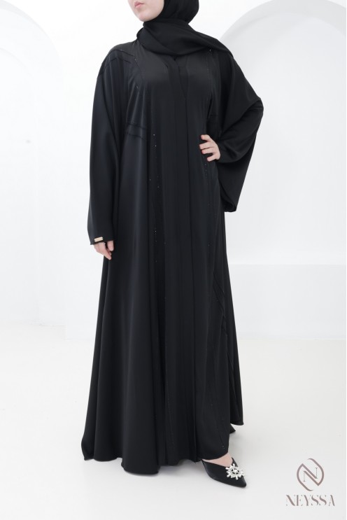 Black flared Dubai abaya with rhinestones and topstitching
