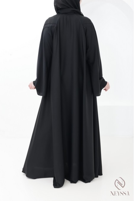 Schwarze, ausgestellte Abaya Dubai mit Strasssteinen und Ziernähten