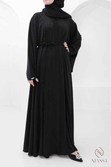 Abaya Dubaï évasée noir avec strass et surpiqures, robe hijabi chic