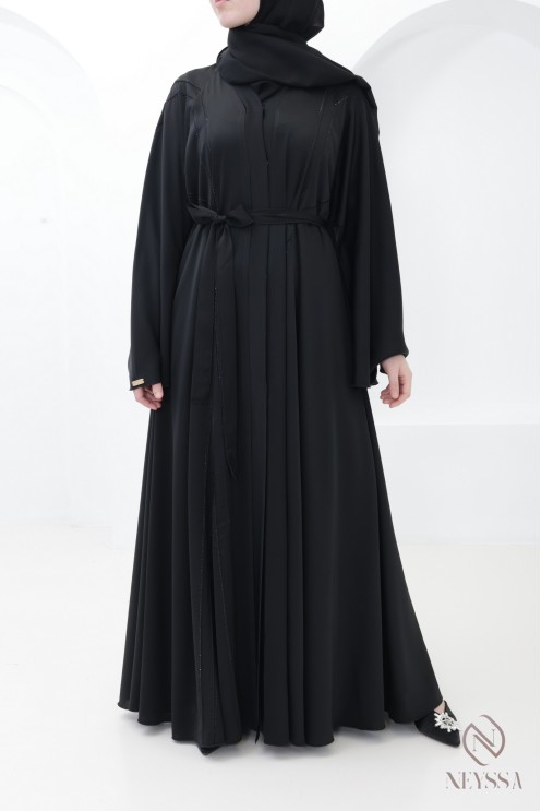Black flared Dubai abaya with rhinestones and topstitching