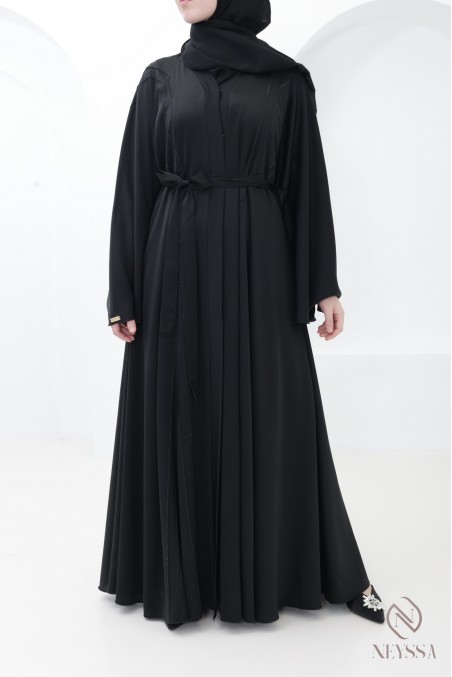 Black flared Dubai abaya with rhinestones and topstitching