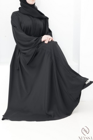 Black flared Dubai abaya with rhinestones and topstitching