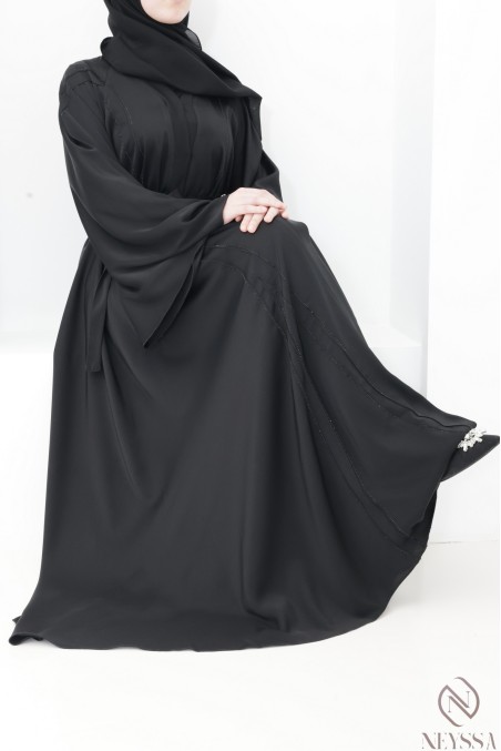 Black flared Dubai abaya with rhinestones and topstitching