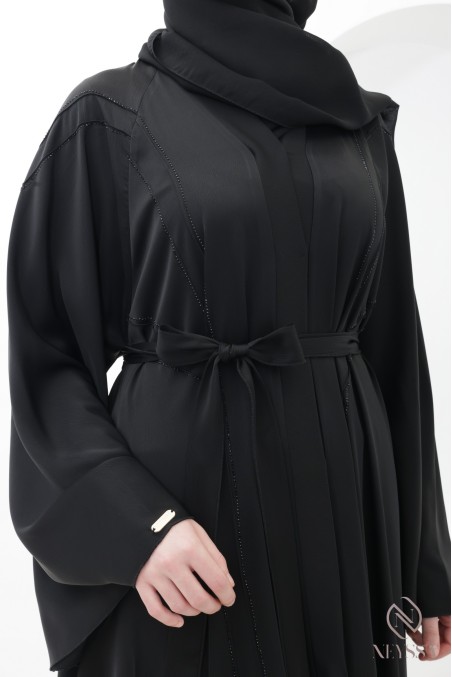 Black flared Dubai abaya with rhinestones and topstitching