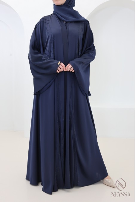 Luxury Dubai abaya with flared cut, bleue with rhinestones for Eid