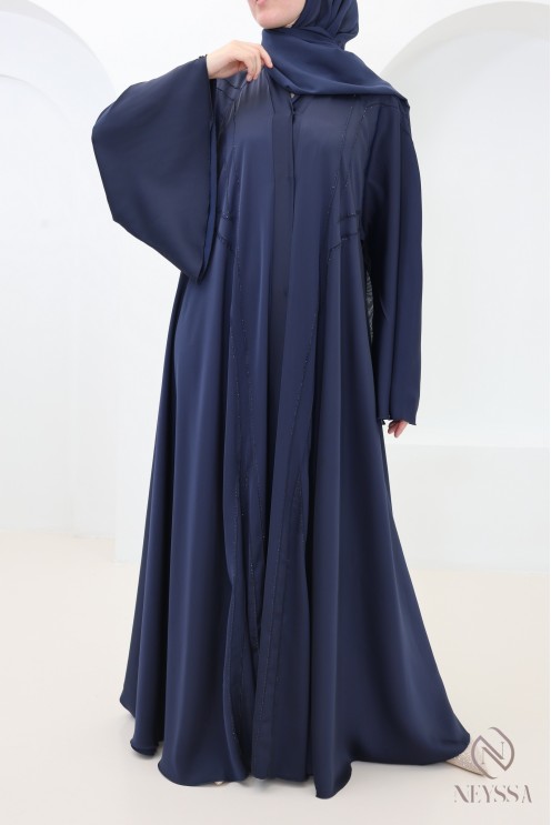 Abaya Dubaï de luxe coupe évasée, bleu nuit avec strass pour l'Aïd