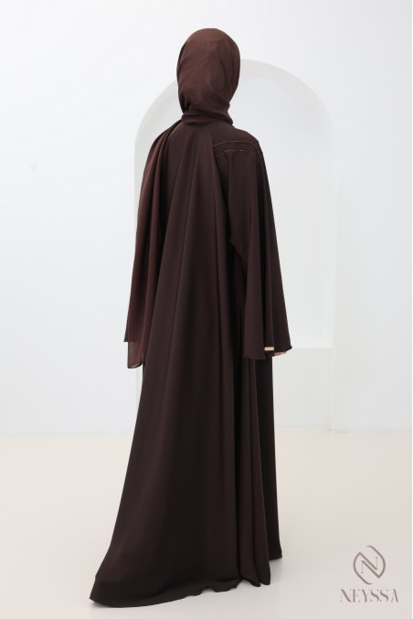 Abaya Dubaï coupe évasée marron, tenue Aïd femme musulmane