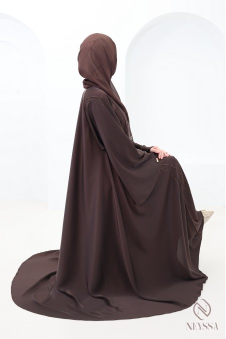Abaya Dubaï coupe évasée marron, tenue Aïd femme musulmane