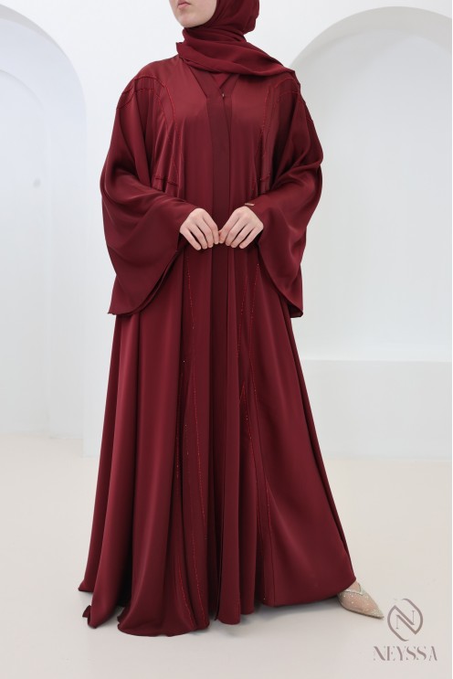 Abaya Dubai für Eid, schickes Bordeauxrot, für moderne Hijabi-Frauen