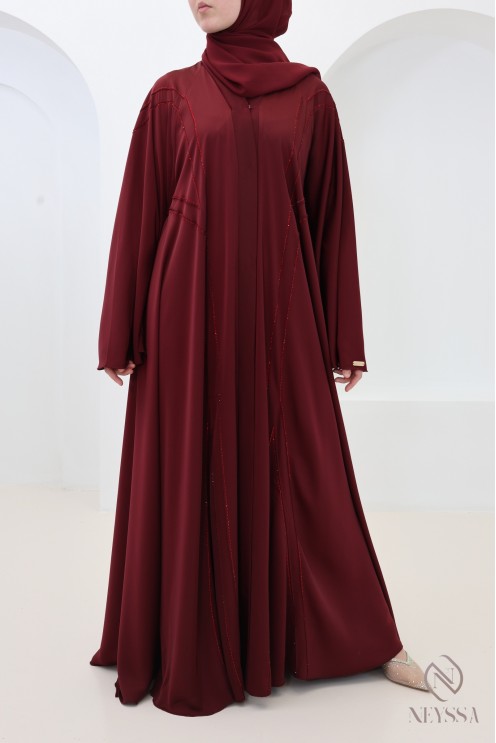 Abaya Dubai für Eid, schickes Bordeauxrot, für moderne Hijabi-Frauen