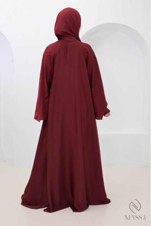 Abaya Dubai für Eid, schickes Bordeauxrot, für moderne Hijabi-Frauen