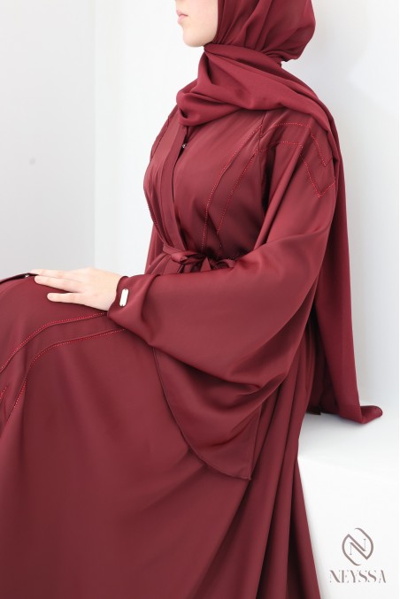 Abaya Dubai für Eid, schickes Bordeauxrot, für moderne Hijabi-Frauen