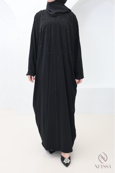 Dubai beaded kimono abaya with black rhinestones, Eid outfit idea for women
