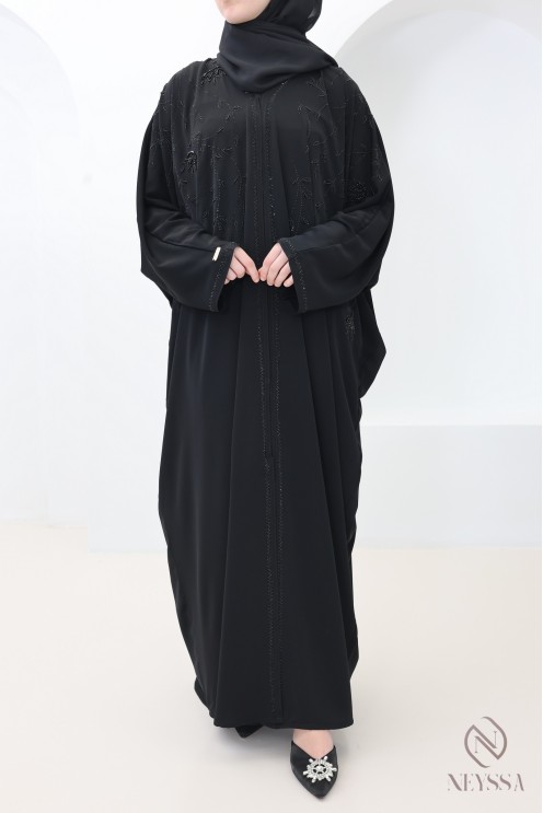 Abaya Dubaï kimono perlées avec strass noire idée tenue Aïd femme