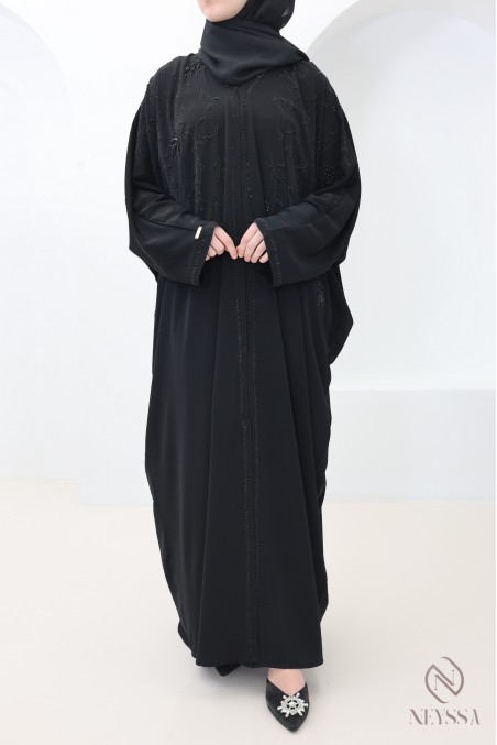 Abaya Dubai Kimono mit Perlen und schwarzen Strasssteinen, Outfit Eid