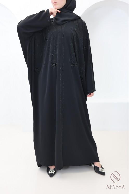 Abaya Dubai Kimono mit Perlen und schwarzen Strasssteinen, Outfit Eid