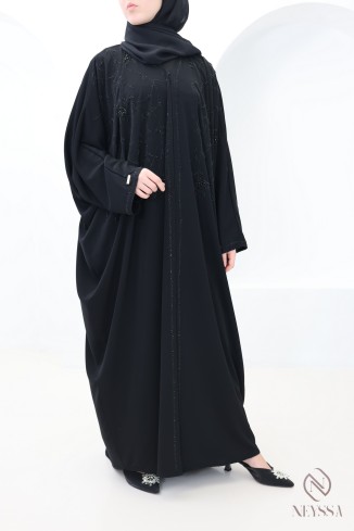 Dubai beaded kimono abaya with black rhinestones, Eid outfit idea for women 2