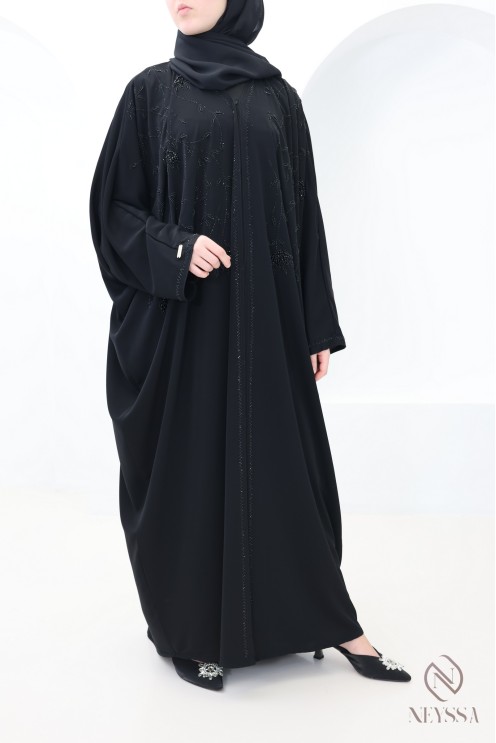 Abaya Dubai Kimono mit Perlen und schwarzen Strasssteinen, Outfit Eid