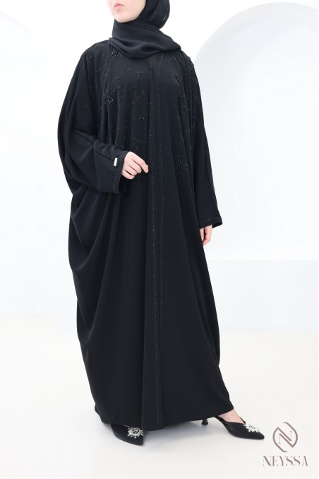 Dubai beaded kimono abaya with black rhinestones, Eid outfit idea for women