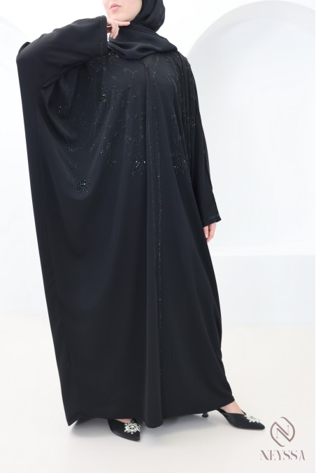 Abaya Dubaï kimono perlées avec strass noire idée tenue Aïd femme