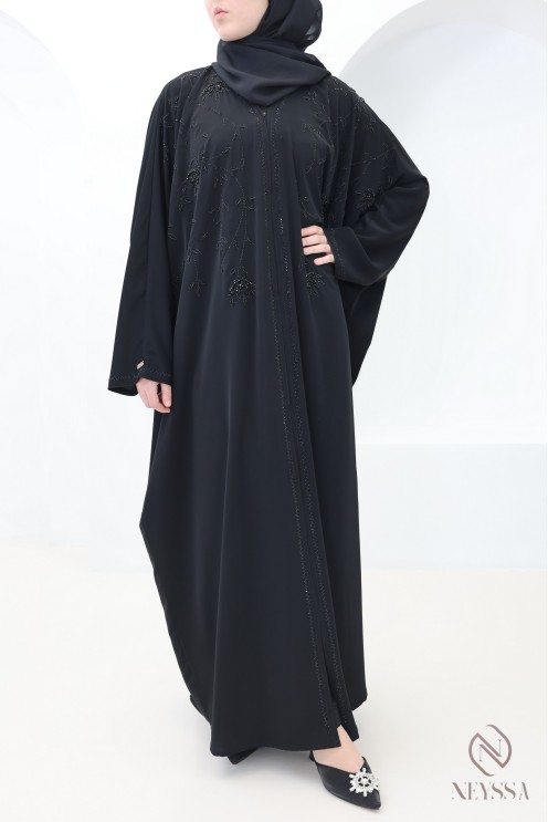 Dubai beaded kimono abaya with black rhinestones, Eid outfit idea for women