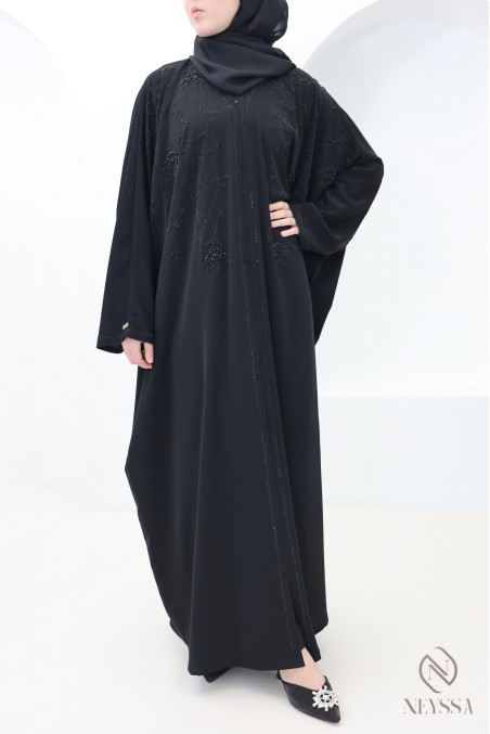 Abaya Dubai Kimono mit Perlen und schwarzen Strasssteinen, Outfit Eid