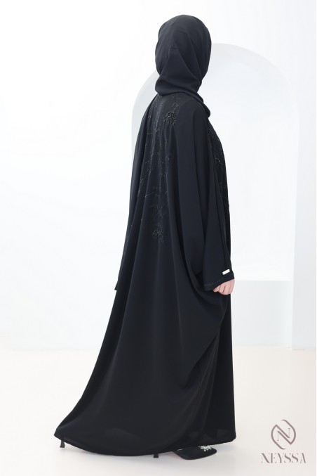 Abaya Dubai Kimono mit Perlen und schwarzen Strasssteinen, Outfit Eid