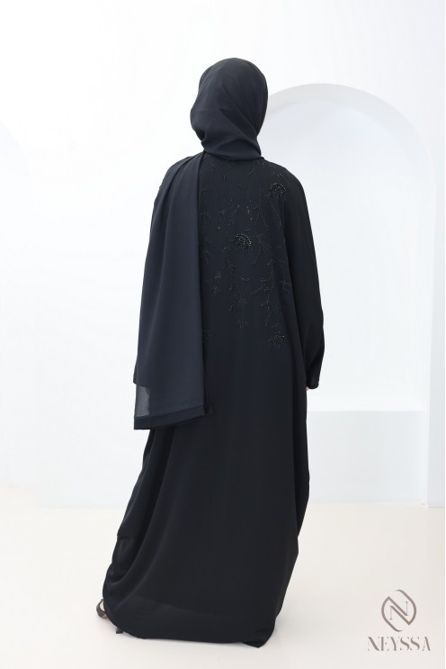 Abaya Dubai Kimono mit Perlen und schwarzen Strasssteinen, Outfit Eid