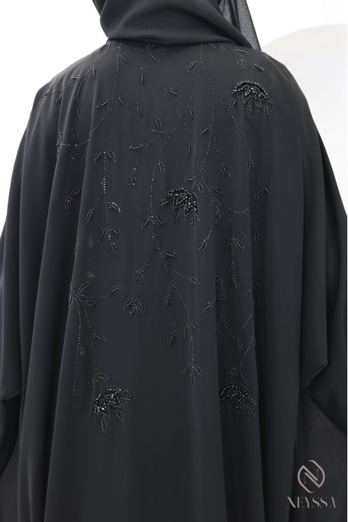 Abaya Dubai Kimono mit Perlen und schwarzen Strasssteinen, Outfit Eid