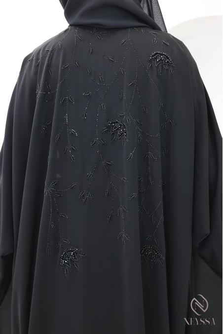 Abaya Dubaï kimono perlées avec strass noire idée tenue Aïd femme