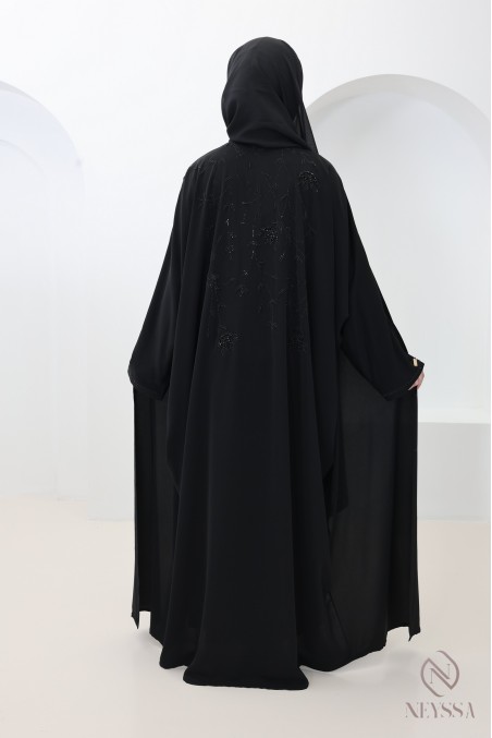 Abaya Dubaï kimono perlées avec strass noire idée tenue Aïd femme