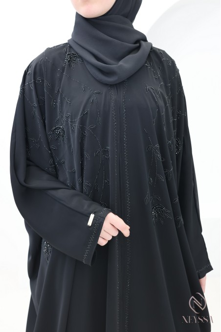 Dubai beaded kimono abaya with black rhinestones, Eid outfit idea for women
