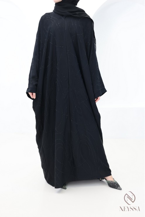 Abaya Dubai Kimono mit Schmetterlingsschnitt in Schwarz mit Strass
