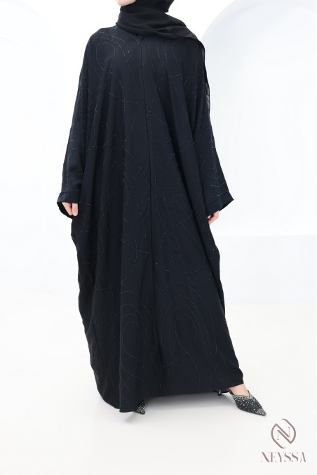 Black butterfly-cut Dubai kimono abaya with rhinestones for women