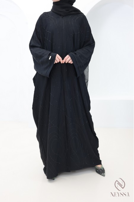 Black butterfly-cut Dubai kimono abaya with rhinestones for women