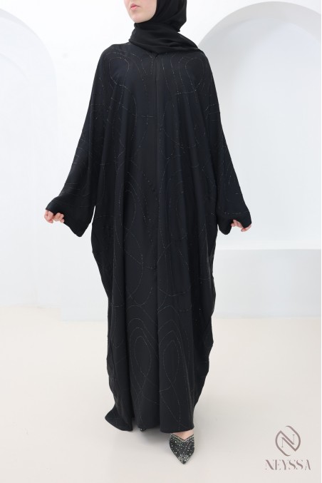 Abaya Dubai Kimono mit Schmetterlingsschnitt in Schwarz mit Strass