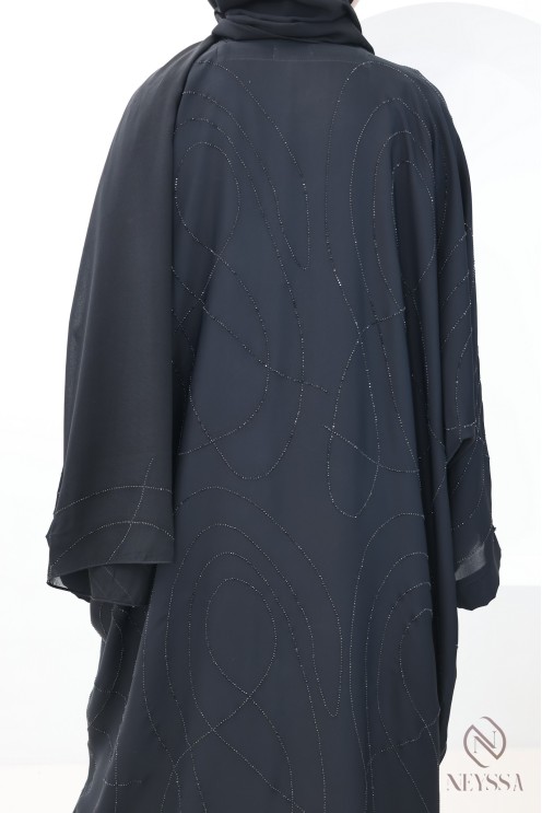 Black butterfly-cut Dubai kimono abaya with rhinestones for women