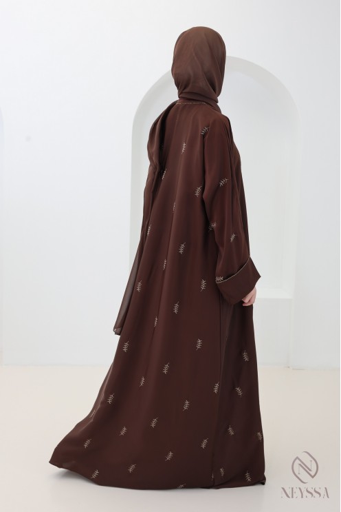 Abaya Dubaï kimono broderie feuilles, Robe soie de nidah tenue Aïd