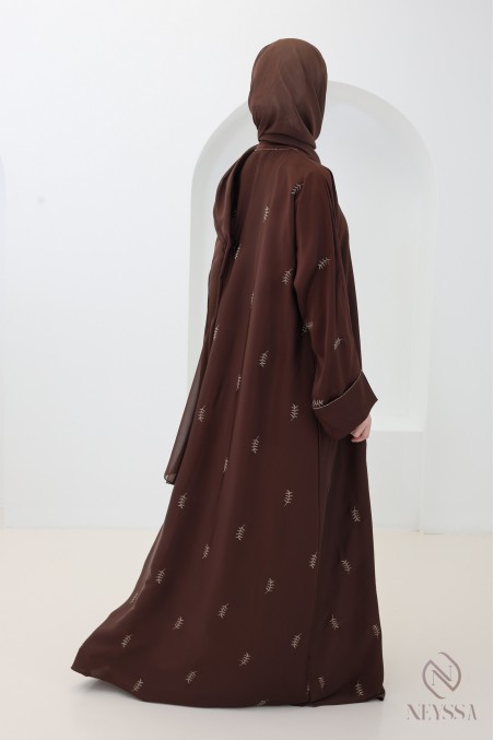 Abaya Dubaï kimono broderie feuilles, Robe soie de nidah tenue Aïd