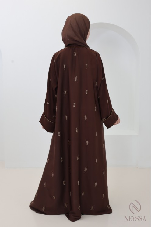 Abaya Dubaï kimono broderie feuilles, Robe soie de nidah tenue Aïd