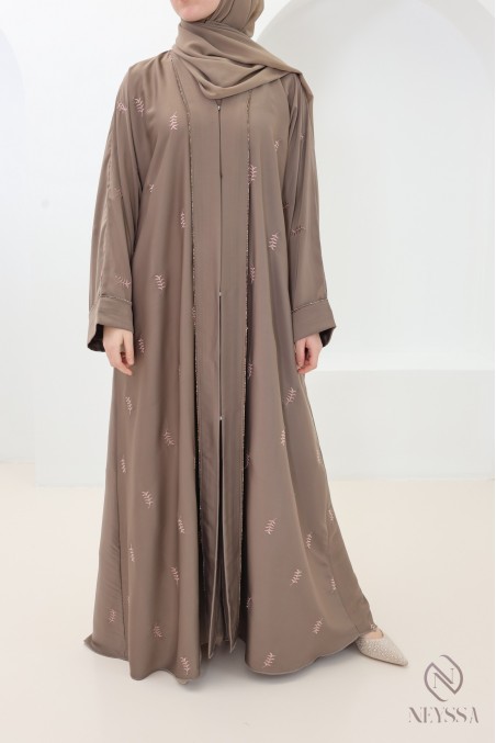 Abaya Dubai Kimono taupe mit Blattstickerei und Strasssteinen