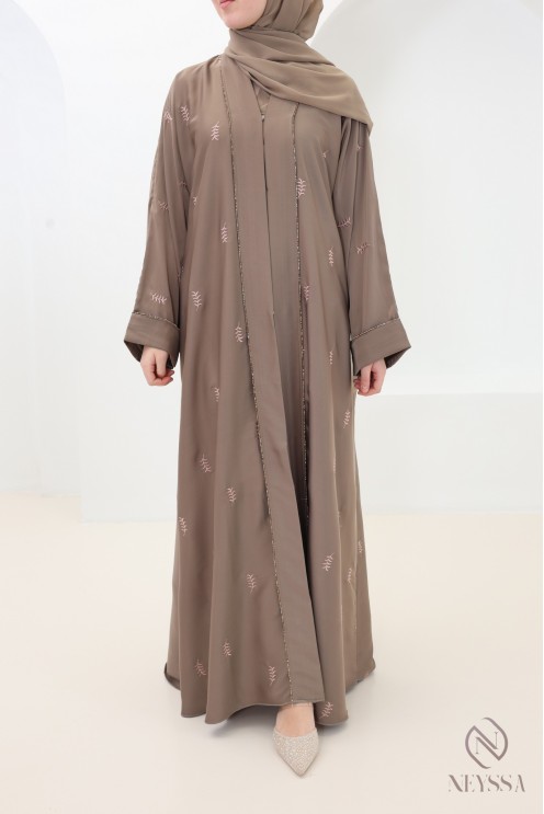 Abaya Dubai Kimono taupe mit Blattstickerei und Strasssteinen