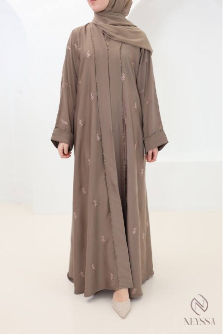 Dubai taupe kimono abaya with leaf embroidery and rhinestones