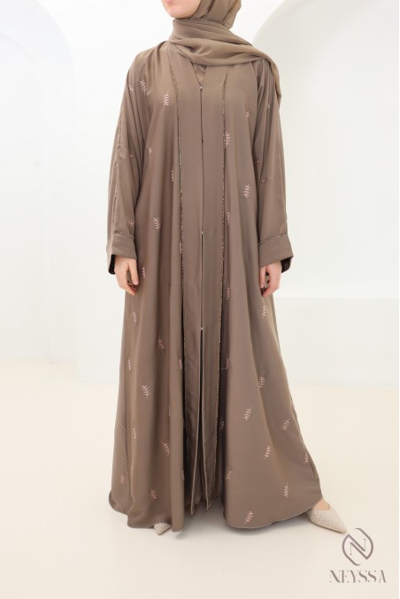 Dubai taupe kimono abaya with leaf embroidery and rhinestones