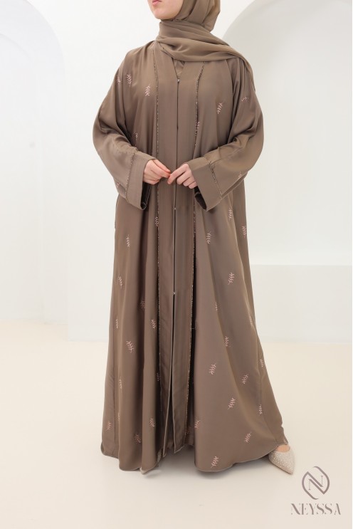 Dubai taupe kimono abaya with leaf embroidery and rhinestones
