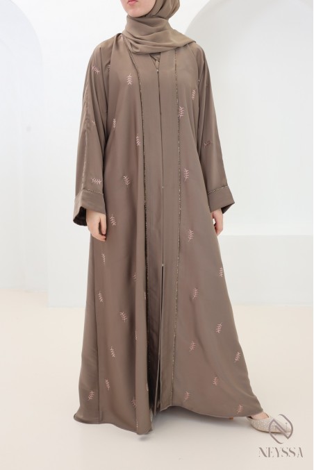 Dubai taupe kimono abaya with leaf embroidery and rhinestones